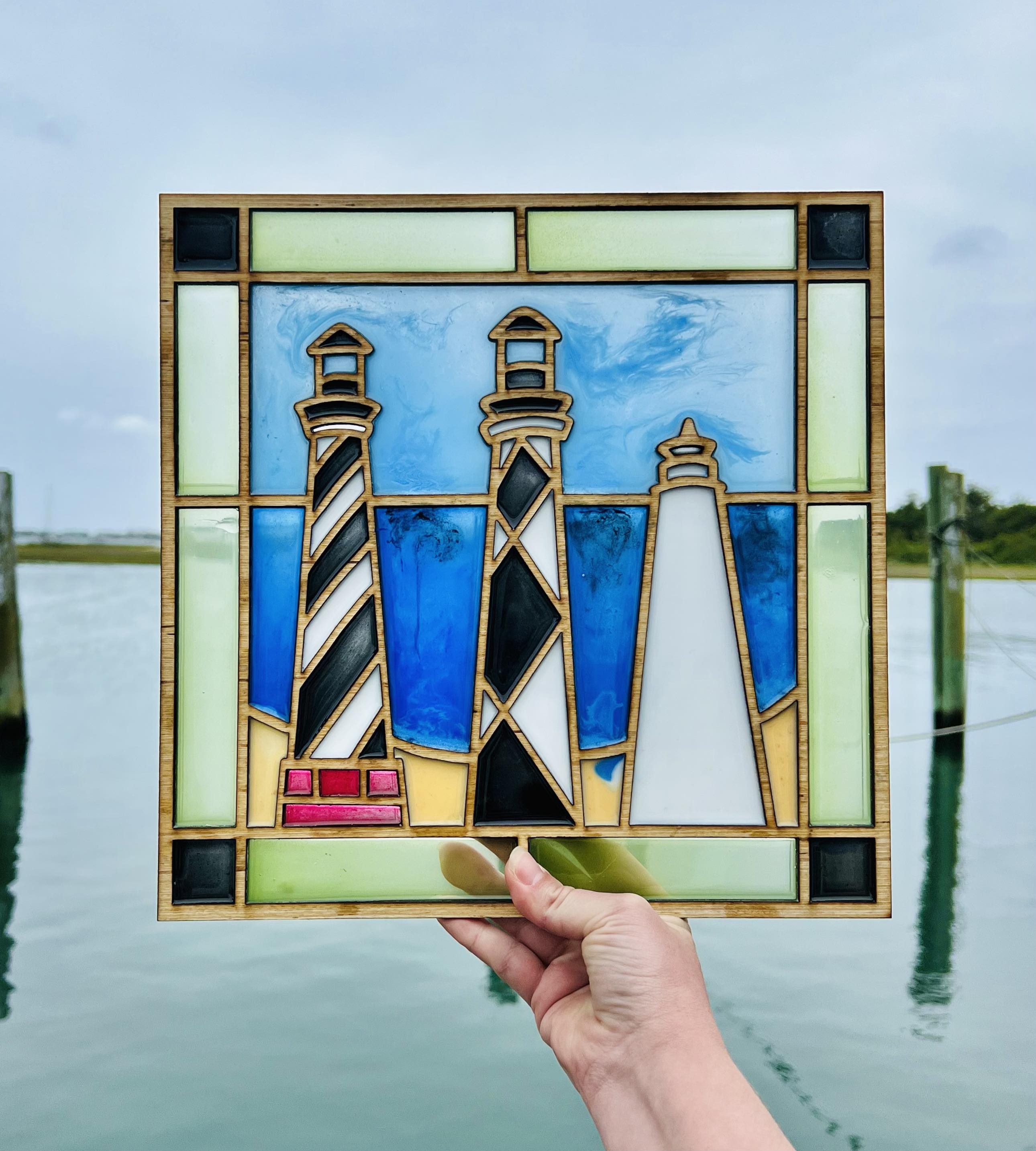 Resin Poured Faux Stained Glass Lighthouses