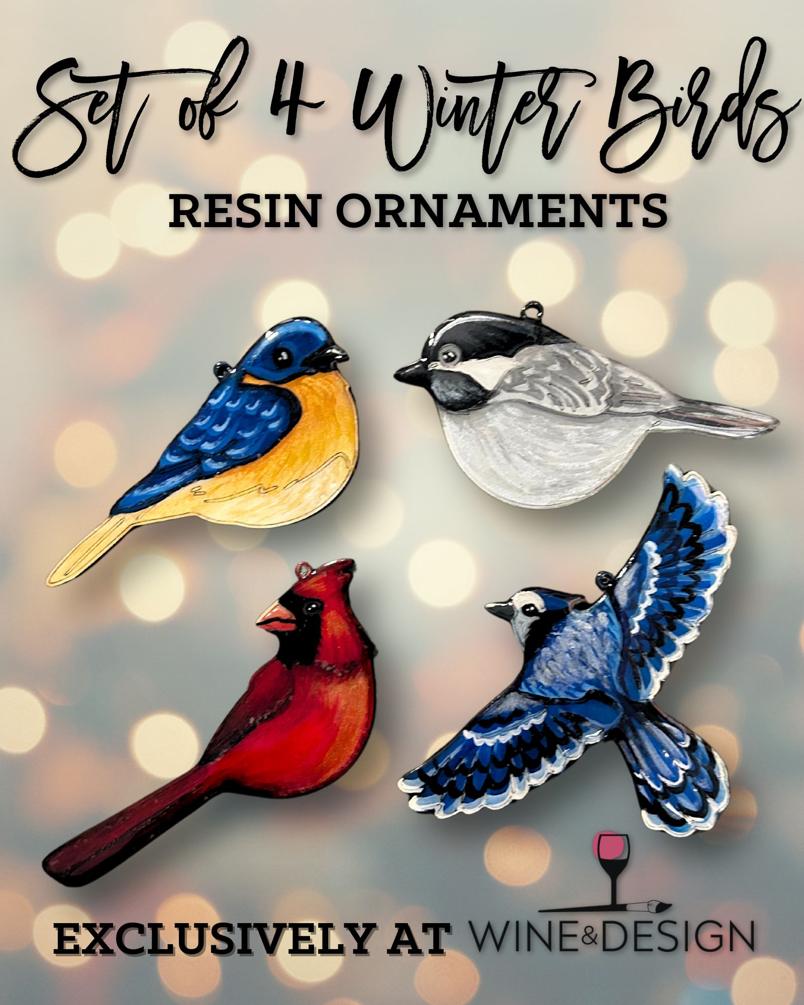 Set of 4 Winter Birds Resin Ornaments