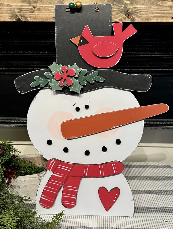 Whimsical Snowman and Cardinal Door Hanger